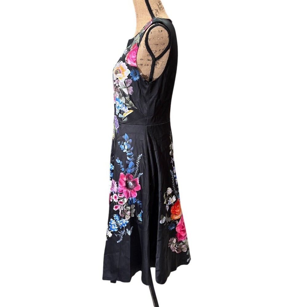 Oasis Dress Womens 12 Black Floral Butterfly Sleeveless Fit & Flare NWOT - Picture 5 of 12